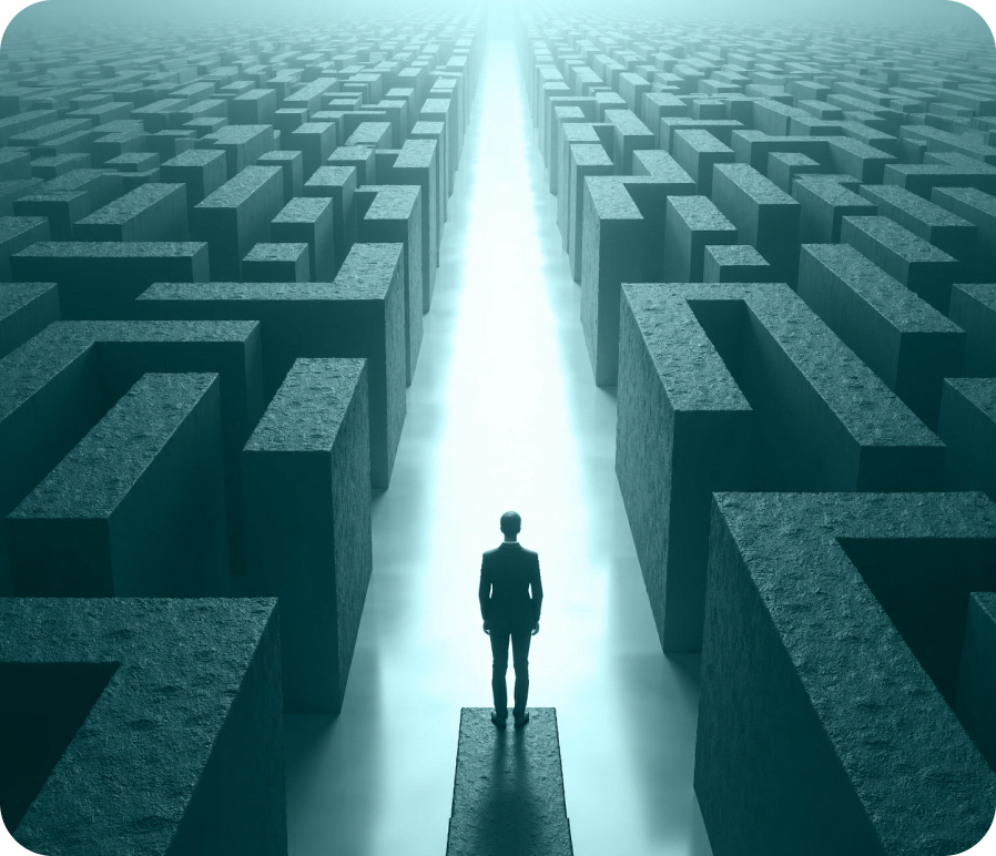 Person standing in a maze, representing fragmented reporting